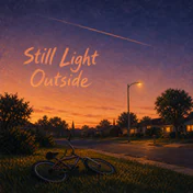 Painted suburban street at golden hour, with a bicycle on the lawn, a glowing streetlight, and a contrail crossing the sky