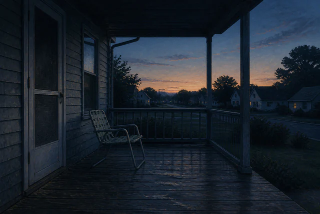 An empty porch and screen door at the first faint light of morning