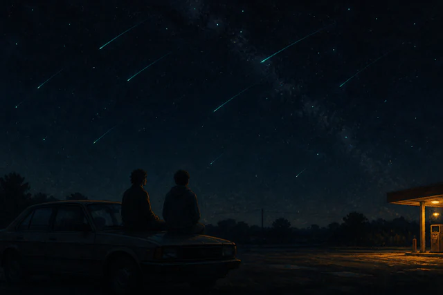Two figures sit on a car hood beneath meteors, with a gas station glowing at the edge